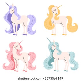 Set of magical unicorns. Flat vector illustration.