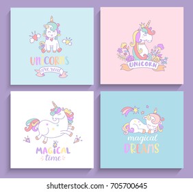 Set of magical unicorns greeting cards with lettering. Vector illustration for print and greeting cards.
