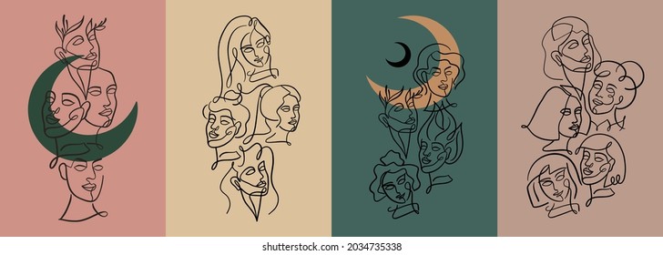 Set of magical vector illustrations with women portrait and moon. Heads of girls drawn in a continuous one line for tattoos, cards, posters and printing.