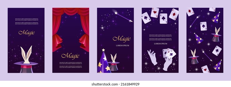 A set of magical vertical tickets for the show. Wizard's hat with a hare and a magic wand. Horizontal isolated template for landing page, business card, flyer, banner, poster, invitation. Vector 