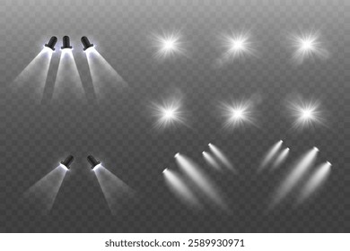 A set of magical white light effects, an explosion of light, a spotlight flash, a star flare.