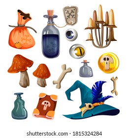 A set of magical witch items. Hat, staff, flasks with potion, magic bag, folio, mushrooms, bones, medallion, spell scroll, magic eyes. Stock vector hand drawn illustration isolated on white