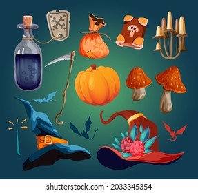 A set of magical witch items. Hat, staff, flasks with potion, magic bag, folio, mushrooms, bones, medallion, spell scroll, magic eyes. Stock vector hand drawn illustration isolated on white