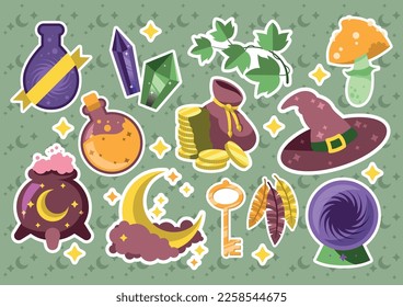 Conjunto de ilustraciones vectoriales de stickers de brujas mágicas. Pegatinas del asistente para vectores de estilo plano. Ilustración vectorial de acciones