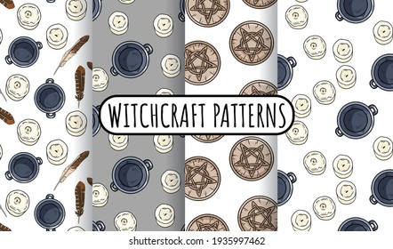 Set of magical witchcraft seamless border patterns. Comic style doodles of cauldrons, candles, quartz crystals hand drawn texture background tiles collection