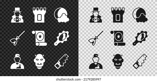 Set Magician, Castle tower, Moon and stars, Wizard warlock, Mask of the devil with horns, Hand saw, Witches broom and scroll icon. Vector