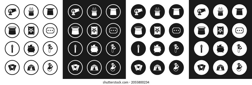 Set Magician hat, Ancient magic book, Cannon, Ticket, and rabbit ears, Bottle with love potion and staff icon. Vector