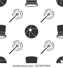 Set Magician hat, Beach ball and Magic wand on seamless pattern. Vector