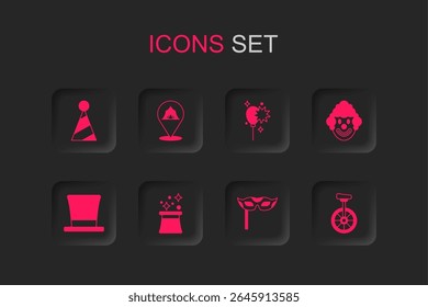 Set Magician hat, Circus tent, Party, Festive mask, Clown head, Unicycle, Balloons with ribbon and Cylinder icon. Vector