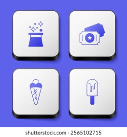 Set Magician hat, Circus ticket, Ice cream in waffle and  icon. White square button. Vector