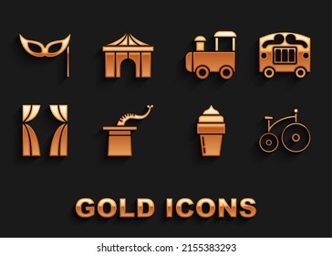 Set Magician hat, Circus wagon, Vintage bicycle, Ice cream, curtain raises, Toy train, Festive mask and tent icon. Vector