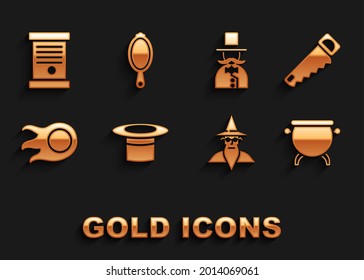 Set Magician hat, Hand saw, Witch cauldron, Wizard warlock, Fireball, Decree, paper, parchment, scroll and hand mirror icon. Vector