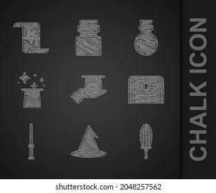 Set Magician hat in hand, Witch, sword fire, Antique treasure chest, wand, Bottle with potion and Ancient magic book icon. Vector