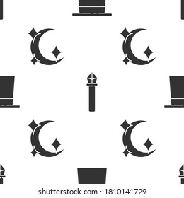 Set Magician hat, Magic staff and Moon and stars on seamless pattern. Vector