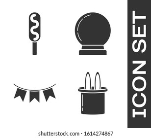 Set Magician hat and rabbit ears, Corn dog, Carnival garland with flags and Magic ball icon. Vector