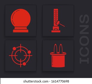 Set Magician hat and rabbit ears, Magic ball, High striker attraction with big hammer and Target sport for shooting competition icon. Vector