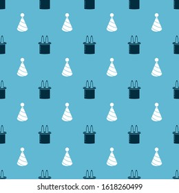 Set Magician hat and rabbit ears and Party hat on seamless pattern. Vector