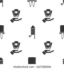 Set Magician hat and rabbit ears, Firework rocket and Hand holding playing cards on seamless pattern. Vector