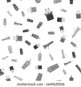 Set Magician hat and rabbit ears, Popcorn in cardboard box, High striker attraction with big hammer and Paper glass with drinking straw and water on seamless pattern. Vector