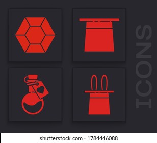 Fijar el sombrero mago y las orejas de conejo, la piedra mágica, el sombrero mago y la botella con icono de poción de amor. Vector