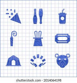 Set Magician hat and rabbit ears, Hand holding playing cards, Bear head, Circus ticket, tent, Birthday party horn, Paper glass with water and Festive confetti icon. Vector