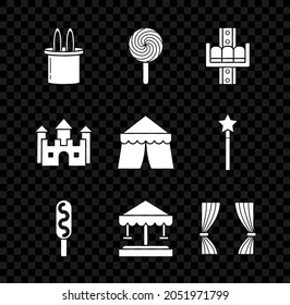 Set Magician hat and rabbit ears, Lollipop, Attraction carousel, Corn dog, Curtain, Castle and Circus tent icon. Vector