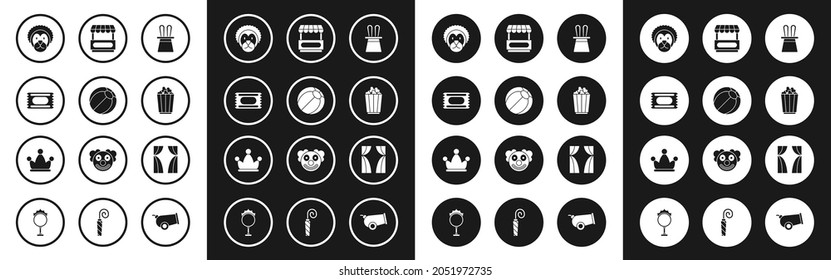 Set Magician hat and rabbit ears, Beach ball, Circus ticket, Wild lion, Popcorn in box, Fast street food cart, curtain raises and Jester with bells icon. Vector