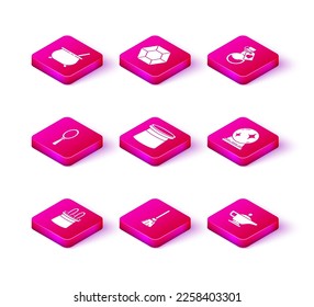 Set Zauberhut und Kaninchenohren, Hexen Besen, Handspiegel, Lampe Aladdin, Ball, Flasche mit Liebestrank und Steinsymbol. Vektorgrafik