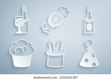 Set Magician hat and rabbit ears, Champagne bottle, Muffin, Party, Candy and  icon. Vector