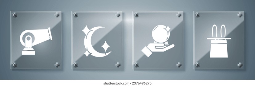 Coloca el sombrero mago y las orejas de conejo, la bola mágica a mano, la luna y las estrellas y el cañón. Paneles de vidrio cuadrado. Vector