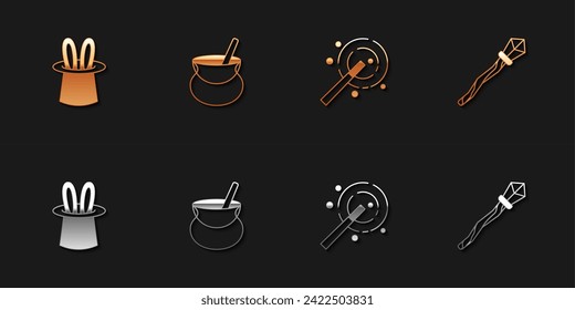 Set Magician hat and rabbit ears, Witch cauldron, wand and staff icon. Vector