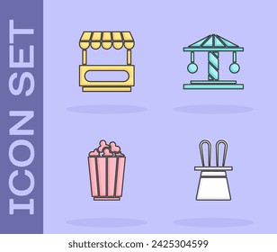 Set Magician hat and rabbit ears, Fast street food cart, Popcorn in box and Attraction carousel icon. Vector