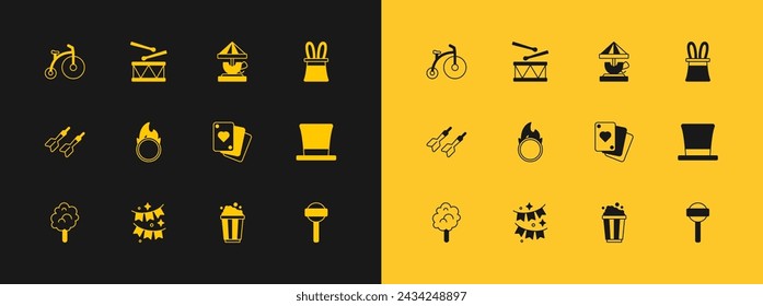 Set Magician hat and rabbit ears, Carnival garland with flags, Playing cards, Popcorn cardboard box, Circus fire hoop, Attraction carousel, Vintage bicycle and Drum drum sticks icon. Vector