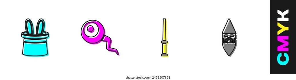 Set Magician hat and rabbit ears, Eye, wand and Wizard warlock icon. Vector