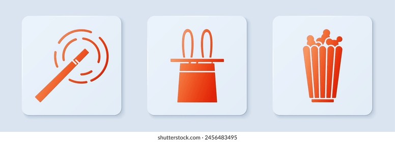Set Magician hat and rabbit ears, Magic wand and Popcorn in box. White square button. Vector