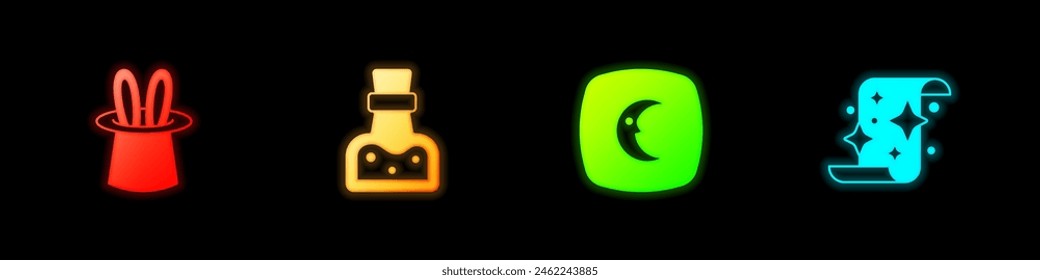 Set Magician hat and rabbit ears, Bottle with potion, Moon stars and scroll icon. Vector