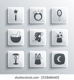 Set Magician hat and rabbit ears, Moon stars, scroll, Medieval goblet, Witch cauldron, wand and hand mirror icon. Vector