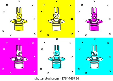 Set Magician hat and rabbit icon isolated on color background. Magic trick. Mystery entertainment concept.  Vector Illustration