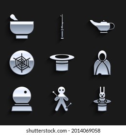 Zauberhut, Voodoo-Puppe und Kaninchen, Mantle, Umhang, Kap, Ball, Spider-Web, Lampe oder Aladdin und Mörtel-Symbol. Vektorgrafik