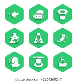 Set Magician, hat and wand, Bottle with potion, Hermes sandal, Moon stars, Witch,  and lamp or Aladdin icon. Vector