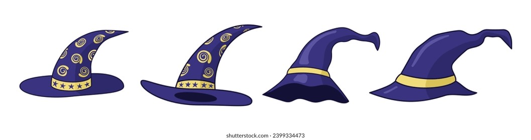 Set of magician hats. Blue magic hats. Invisible hat. Flat vector illustration with outline.	