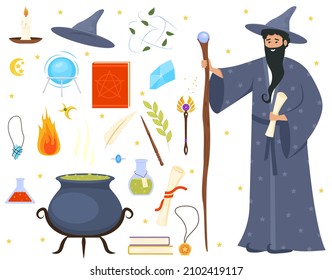 Set of magician tools and male wizard character. Magic witch set for concept design. Wizard with magic attributes on white background