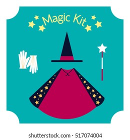 Set Of Magician Vector Illustration Glove, Hat, Cape And Magic Wand Poster With Set Of Clothes Of Magician Flat Design