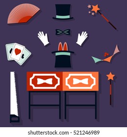 Set of magician Vector illustration Glove, hat, magic wand and set of tools of magician Flat design