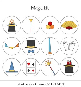Set of magician Vector illustration Gloves, hat, magic wand and set of tools of magician on white background Thin line