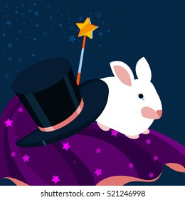 Set of magician Vector illustration White rabbit, top hat, magic wand and magician's cloak with stars pattern Poster in flat design