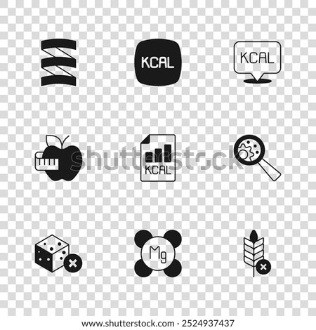 Set Magnesium, GMO, Gluten free grain, Diet plan, Kcal, Sports nutrition proteine,  and Apple and measuring tape icon. Vector
