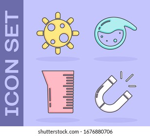 Set Magnet, Bacteria, Laboratory glassware or beaker and Test tube and flask chemical icon. Vector