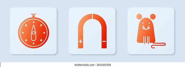 Set Magnet, Compass and Rat. White square button. Vector
