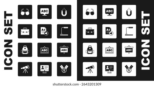 Set Magnet, Exam sheet with A plus grade, Briefcase, Glasses, Table lamp, Alphabet, Chalkboard and School backpack icon. Vector